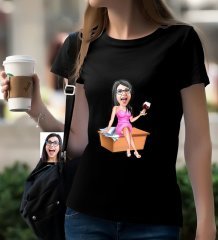 Kişiye Özel Bayan Patron Karikatürlü Siyah T-Shirt-7