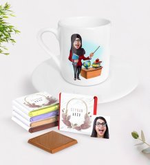 Kişiye Özel Bayan Öğretmen Karikatürlü Türk Kahvesi Fincanı ve Çikolata Hediye Seti-7