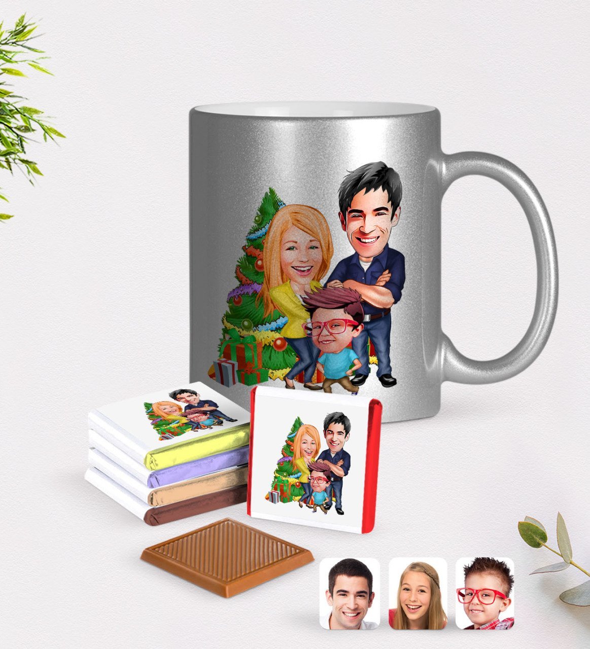 Kişiye Özel Yeni Yıl Aile Karikatürlü Krom Kupa ve Çikolata Hediye Seti-3
