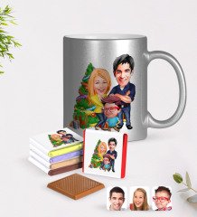 Kişiye Özel Yeni Yıl Aile Karikatürlü Krom Kupa ve Çikolata Hediye Seti-3