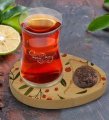Kişiye Özel Meyve Tasarımlı Doğal Ahşap Tabaklı Heybeli Çay Bardağı Sunum Seti Model 1