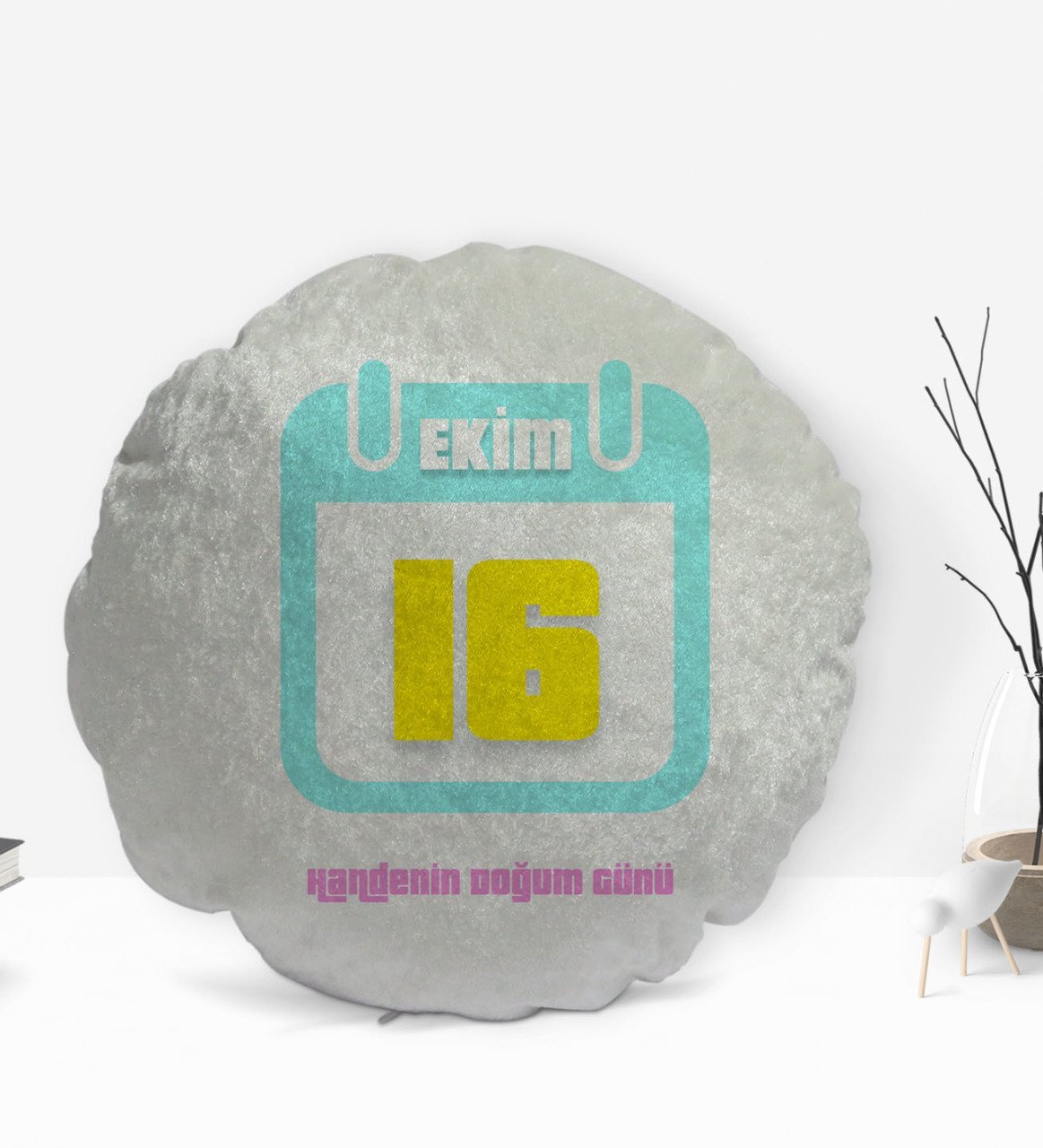Kişiye Özel İsimli Tarihli Doğum Günü Tasarımlı Yuvarlak Dekoratif Kırlent Yastık-6