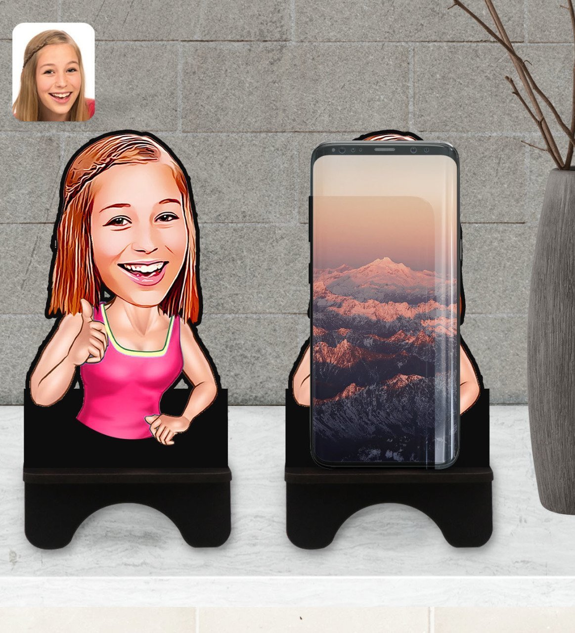 Kişiye Özel Abla Karikatürlü Ahşap Biblo Telefon Standı-1