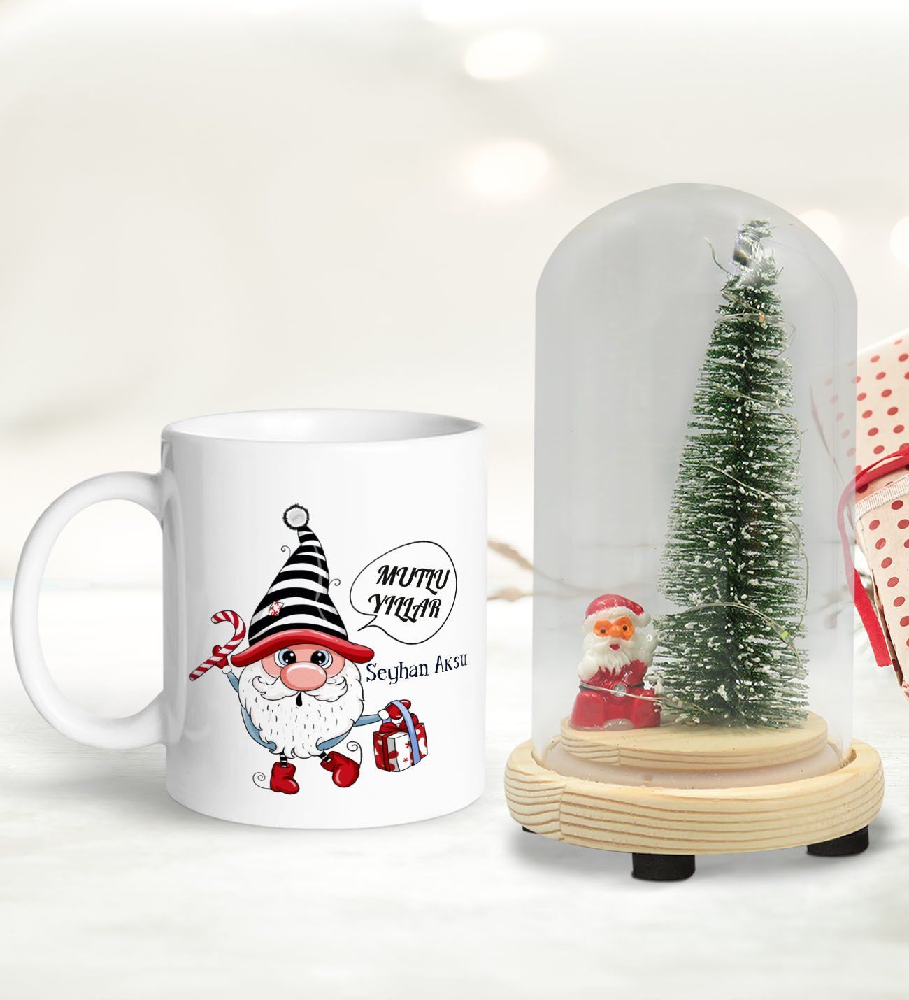 BK Gift Kişiye Özel Yılbaşı Temalı Işıklı Fanus Biblo ve Kupa Hediye Seti-6