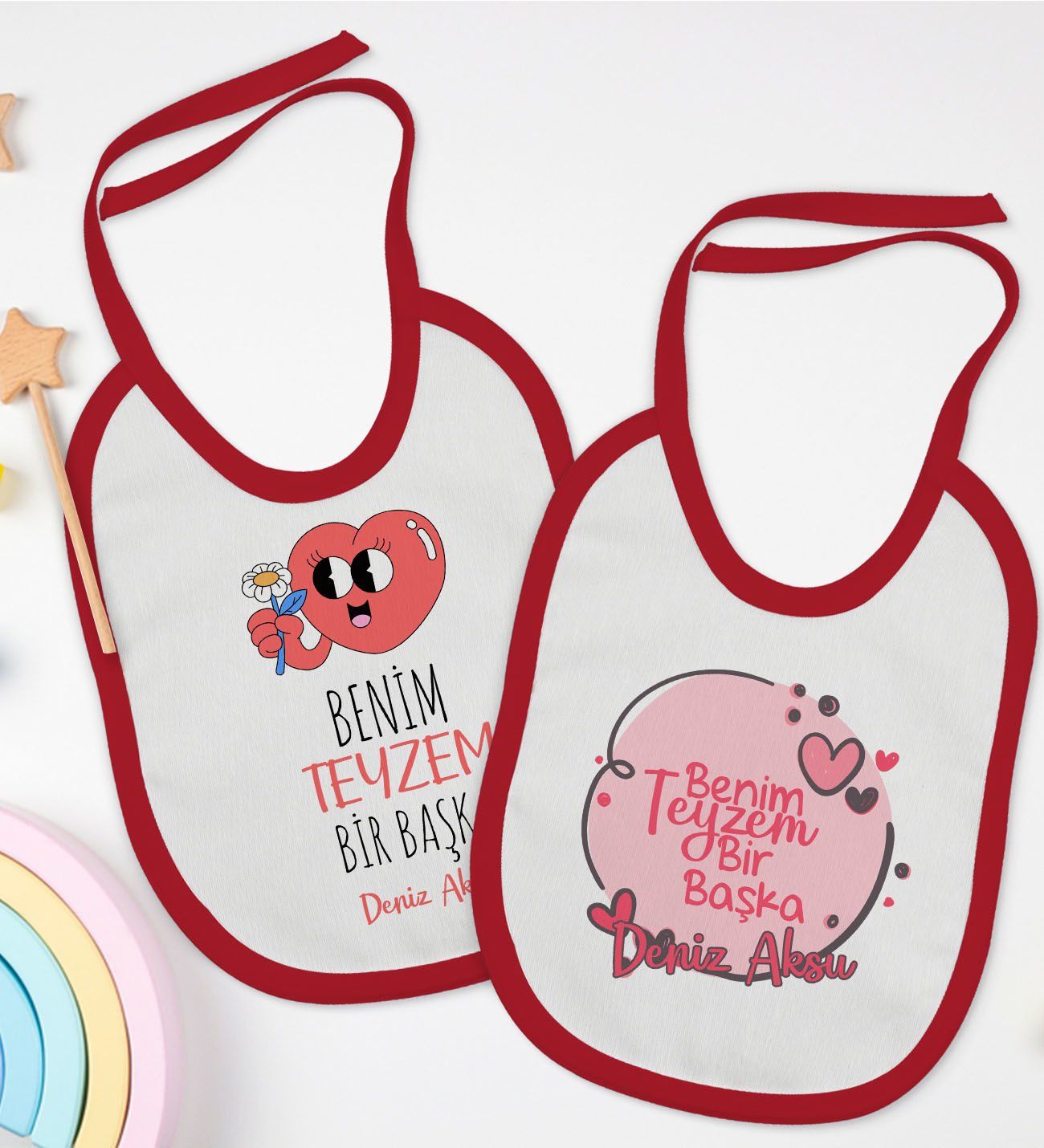 BK Kids Kişiye Özel Teyzem Bir Başka Tasarımlı 2’li Kırmızı Mama Önlüğü-1