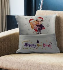 BK Gift Kişiye Özel Yılbaşı Karikatür Tasarımlı Organizer Kumanda ve Atıştırmalık Cepli Gri Kırlent Yastık- 1, Yılbaşı Hediyesi, Yeni Yıl Hediyeleri