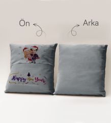 BK Gift Kişiye Özel Yılbaşı Karikatür Tasarımlı Organizer Kumanda ve Atıştırmalık Cepli Gri Kırlent Yastık- 1, Yılbaşı Hediyesi, Yeni Yıl Hediyeleri