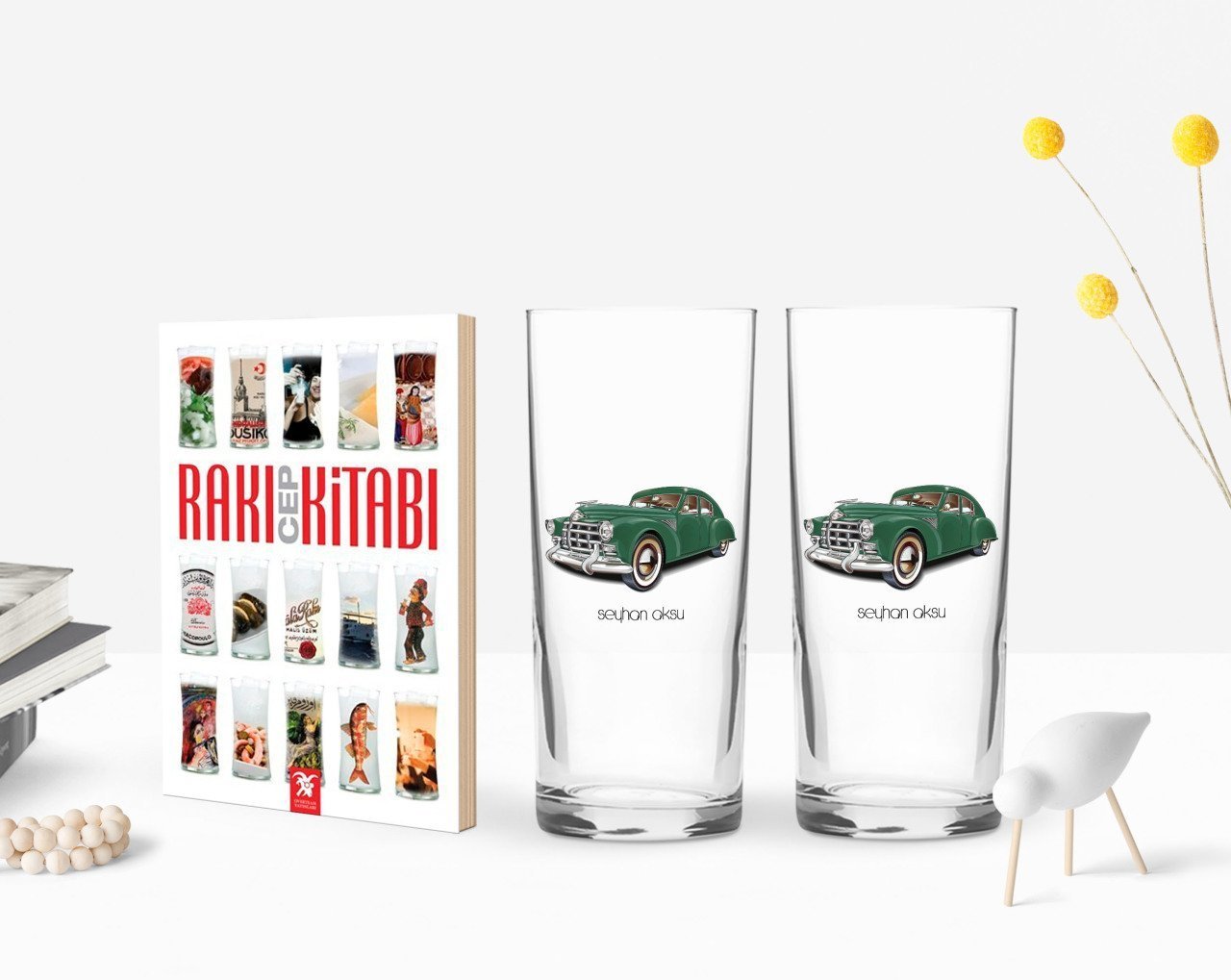 Kişiye Özel Renkli Baskılı Retro Otomobil Tasarımlı İkili Rakı Bardağı ve Rakı Cep Kitabı Hediye Seti-3