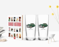 Kişiye Özel Renkli Baskılı Retro Otomobil Tasarımlı İkili Rakı Bardağı ve Rakı Cep Kitabı Hediye Seti-3