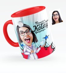 Kişiye Özel Bayan Diş Hekimi Karikatürlü Kırmızı Kupa Bardak - 2