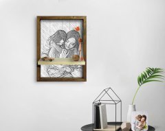 BK Home Anne Kız Fotoğraflı Doğal Masif Ahşap Çerçeveli Karakalem Tasarımlı Tablo Duvar Rafı-1