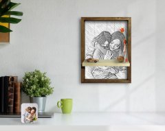 BK Home Anne Kız Fotoğraflı Doğal Masif Ahşap Çerçeveli Karakalem Tasarımlı Tablo Duvar Rafı-1