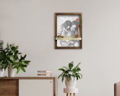 BK Home Anne Kız Fotoğraflı Doğal Masif Ahşap Çerçeveli Karakalem Tasarımlı Tablo Duvar Rafı-1