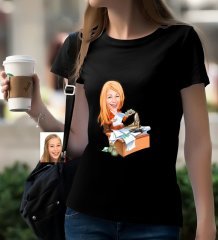 Kişiye Özel Bayan Patron Karikatürlü Siyah T-Shirt-6