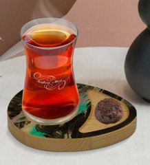 Kişiye Özel Mermer Tasarımlı Doğal Ahşap Tabaklı Heybeli Çay Bardağı Sunum Seti Model 19