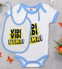 BK Kids Vidi Vidi Etma Tasarımlı Mavi Bebek Body Zıbın ve Mama Önlüğü Hediye Seti-1