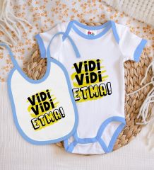 BK Kids Vidi Vidi Etma Tasarımlı Mavi Bebek Body Zıbın ve Mama Önlüğü Hediye Seti-1