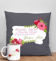 BK Gift Kişiye Özel İsimli Anneler Günü Tasarımlı Antrasit Kırlent Yastık ve Kupa Seti, Anneye Hediye, Ev Dekorasyonu, Anneler Günü Hediyesi-6