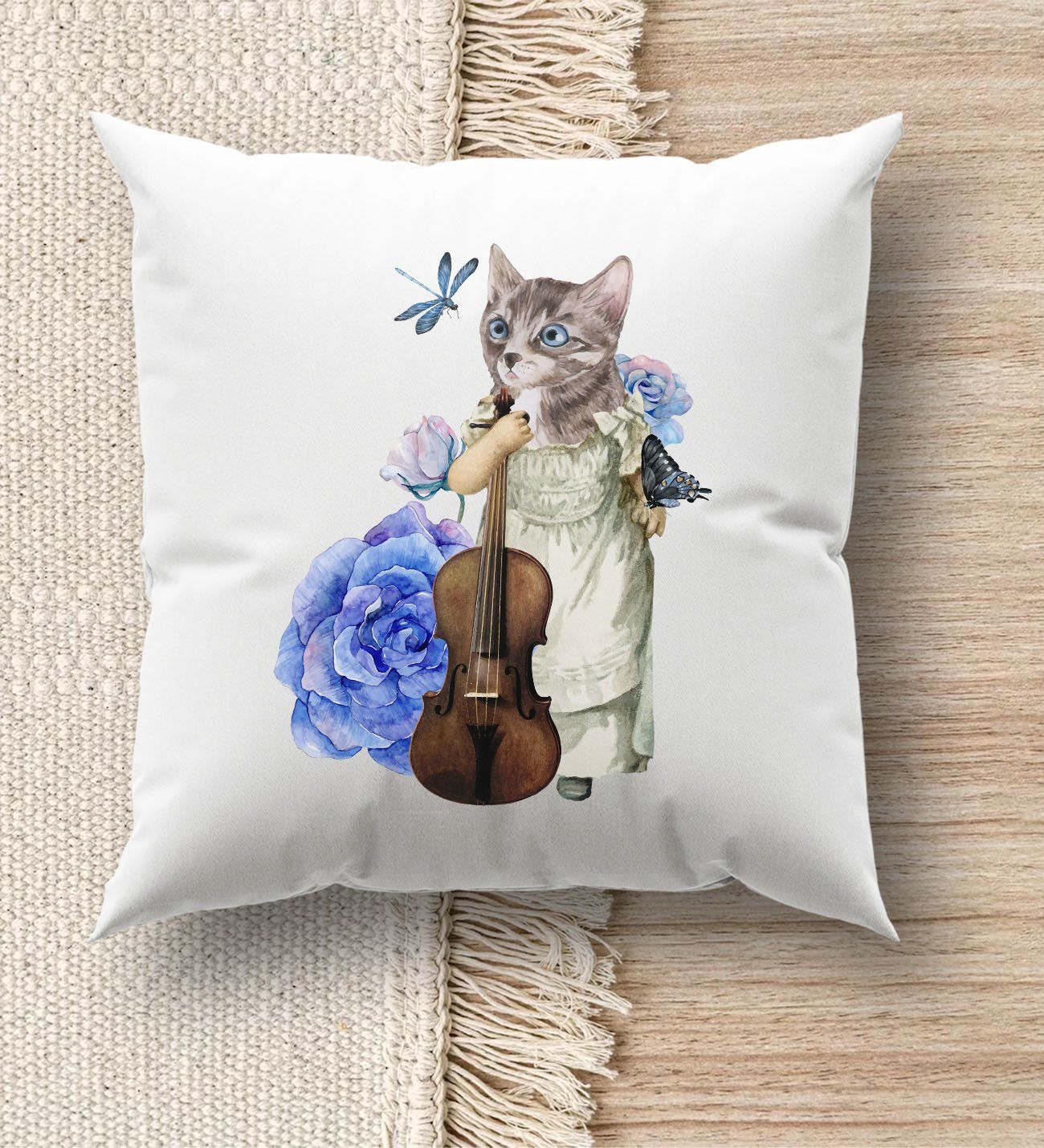 BK Gift Kedi Tasarımlı Beyaz Kırlent Yastık, Ev Hediyesi, Ev Dekorasyonu, Dekoratif Hediye-3