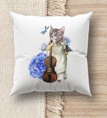 BK Gift Kedi Tasarımlı Beyaz Kırlent Yastık, Ev Hediyesi, Ev Dekorasyonu, Dekoratif Hediye-3