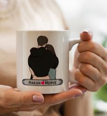 BK Gift Kişiye Özel Sarılan Sevgili Tasarımlı Beyaz Kupa Bardak-1, Sevgililer Günü, Sevgiliye Hediye