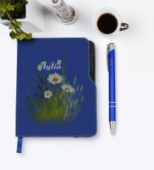 Kişiye Özel Papatya Temalı Lacivert Termo Deri Defter Kalem Seti-13