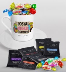 Kişiye Özel Sosyal Bilgiler Öğretmeni Türk Kahvesi Fincanı Selamlique Karışık Türk Kahvesi ve Haribo Şeker Hediye Seti-3
