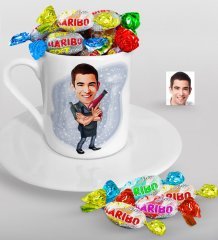 Kişiye Özel Erkek Kuaför Karikatürlü Türk Kahvesi Fincanı ve Haribo Şeker Hediye Seti-1