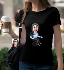 Kişiye Özel Bayan Patron Karikatürlü Siyah T-Shirt-5