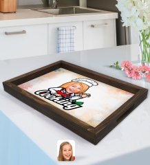 Kişiye Özel Kadın Chef Karikatürlü Doğal Ahşap Tepsi-14