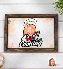 Kişiye Özel Kadın Chef Karikatürlü Doğal Ahşap Tepsi-14