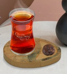 Kişiye Özel Mermer Tasarımlı Doğal Ahşap Tabaklı Heybeli Çay Bardağı Sunum Seti Model 18