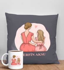 BK Gift Kişiye Özel İsimli Anneler Günü Tasarımlı Antrasit Kırlent Yastık ve Kupa Seti, Anneye Hediye, Ev Dekorasyonu, Anneler Günü Hediyesi-5