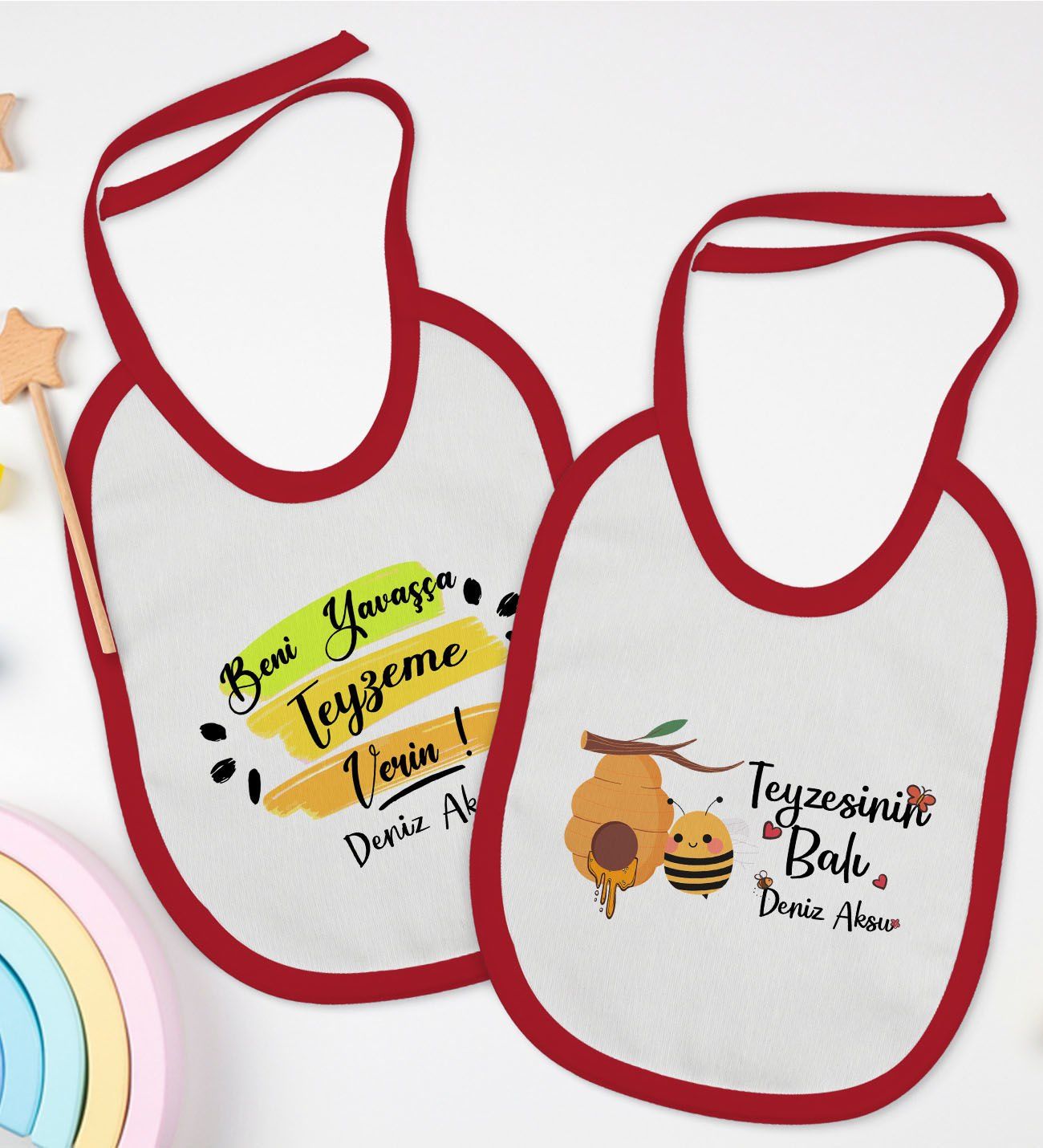 BK Kids Kişiye Özel Teyze Tasarımlı 2’li Kırmızı Mama Önlüğü-2
