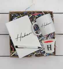 BK Gift Kişiye Özel İsimli Defter Kalem Kupa ve Mini Kovada Kokulu Mum Hediye Seti-4, Arkadaşa Hediye, Sevgiliye Hediye, Yeni İş Hediyesi