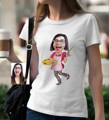 Kişiye Özel Bayan Ressam Karikatür Beyaz Tişört - 1