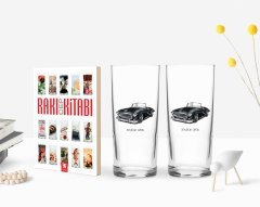 Kişiye Özel Renkli Baskılı Retro Otomobil Tasarımlı İkili Rakı Bardağı ve Rakı Cep Kitabı Hediye Seti-1
