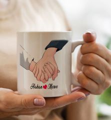 BK Gift Kişiye Özel Sevgili El Ele Tasarımlı Beyaz Kupa Bardak-5, Sevgililer Günü, Sevgiliye Hediye