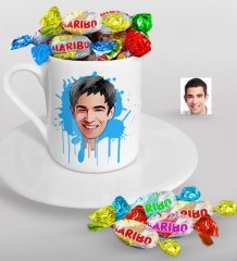 Kişiye Özel Erkek Karikatürlü Türk Kahvesi Fincanı ve Haribo Şeker Hediye Seti-31