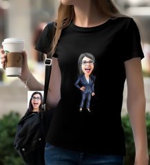 Kişiye Özel Bayan Patron Karikatürlü Siyah T-Shirt-4