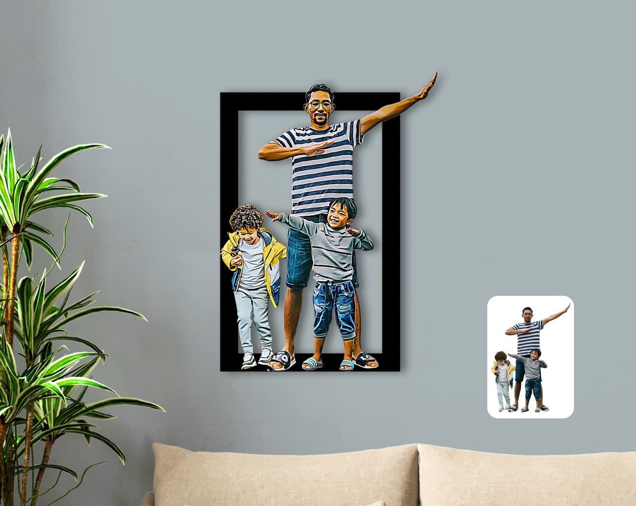 Kişiye Özel Tam Boy Baba ve Oğullar Karikatürlü 3D Ahşap Tablo-1