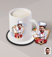 Kişiye Özel Erkek Chef Karikatürlü Beyaz Kupa ve Ahşap Bardak Altlığı Hediye Seti-1
