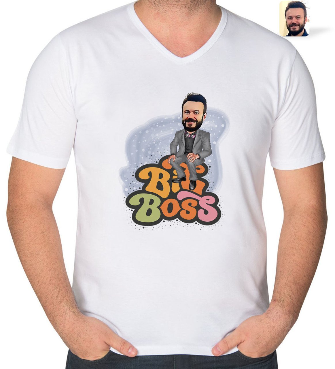 Kişiye Özel Erkek Big Boss Karikatürlü V Yaka Tişört-3