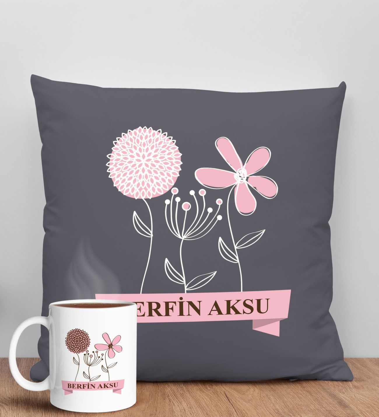 BK Gift Kişiye Özel İsimli Anneler Günü Tasarımlı Antrasit Kırlent Yastık ve Kupa Seti, Anneye Hediye, Ev Dekorasyonu, Anneler Günü Hediyesi-4