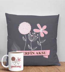 BK Gift Kişiye Özel İsimli Anneler Günü Tasarımlı Antrasit Kırlent Yastık ve Kupa Seti, Anneye Hediye, Ev Dekorasyonu, Anneler Günü Hediyesi-4