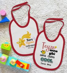 BK Kids Kişiye Özel Teyze Tasarımlı 2’li Kırmızı Mama Önlüğü-1