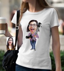 Kişiye Özel Bayan Profesyonel Fotoğrafçı Karikatür Beyaz Tişört - 1