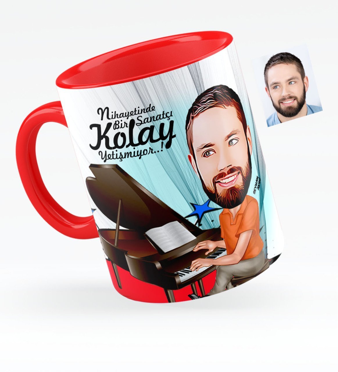 Kişiye Özel Bay Piyanist Karikatürlü Kırmızı Kupa Bardak - 1