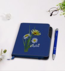 Kişiye Özel Papatya Temalı Lacivert Termo Deri Defter Kalem Seti-11