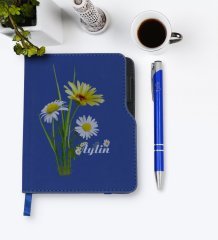 Kişiye Özel Papatya Temalı Lacivert Termo Deri Defter Kalem Seti-11
